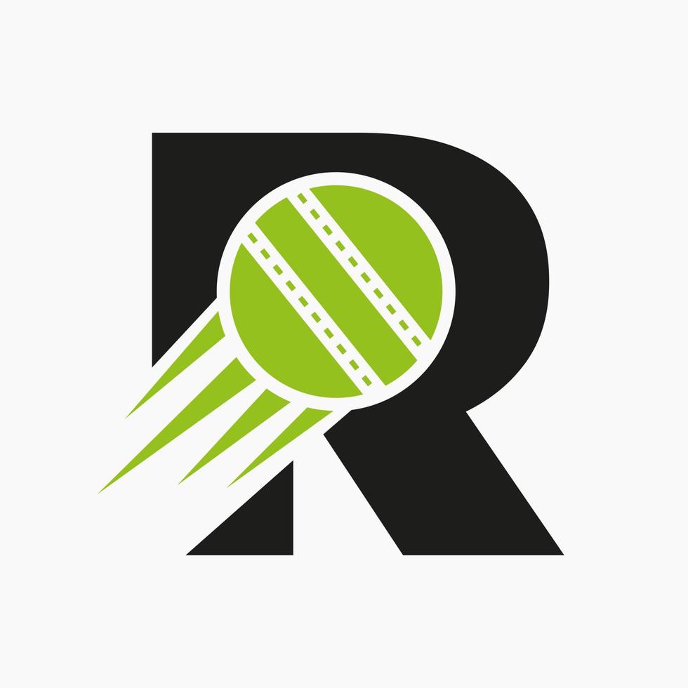 concepto de logotipo de cricket con letra r con icono de bola de cricket en movimiento. plantilla de vector de símbolo de logotipo de deportes de cricket