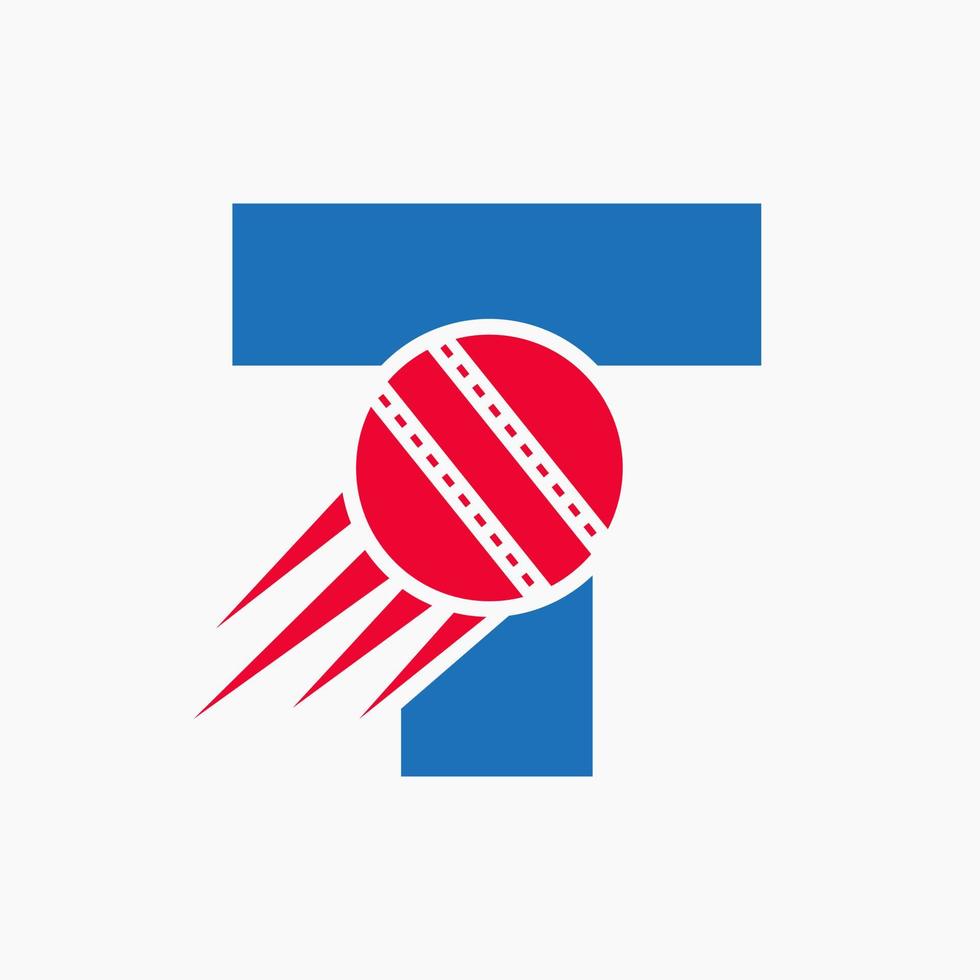 concepto de logotipo de cricket con letra t con icono de bola de cricket en movimiento. plantilla de vector de símbolo de logotipo de deportes de cricket