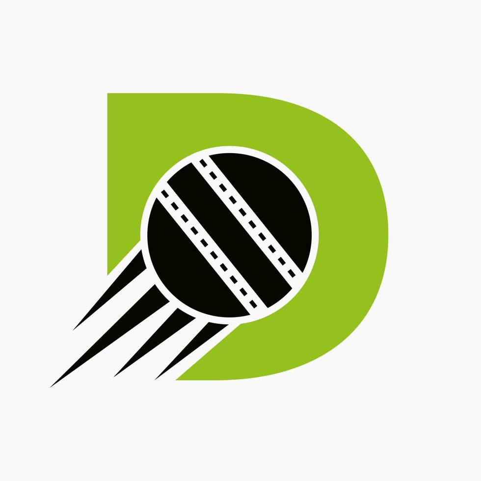 concepto de logotipo de cricket con letra d con icono de bola de cricket en movimiento. plantilla de vector de símbolo de logotipo de deportes de cricket