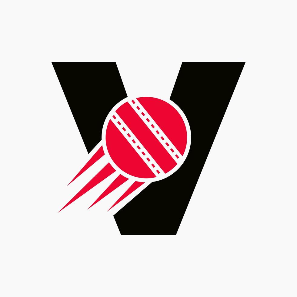 concepto de logotipo de cricket de letra v con icono de bola de cricket en movimiento. plantilla de vector de símbolo de logotipo de deportes de cricket