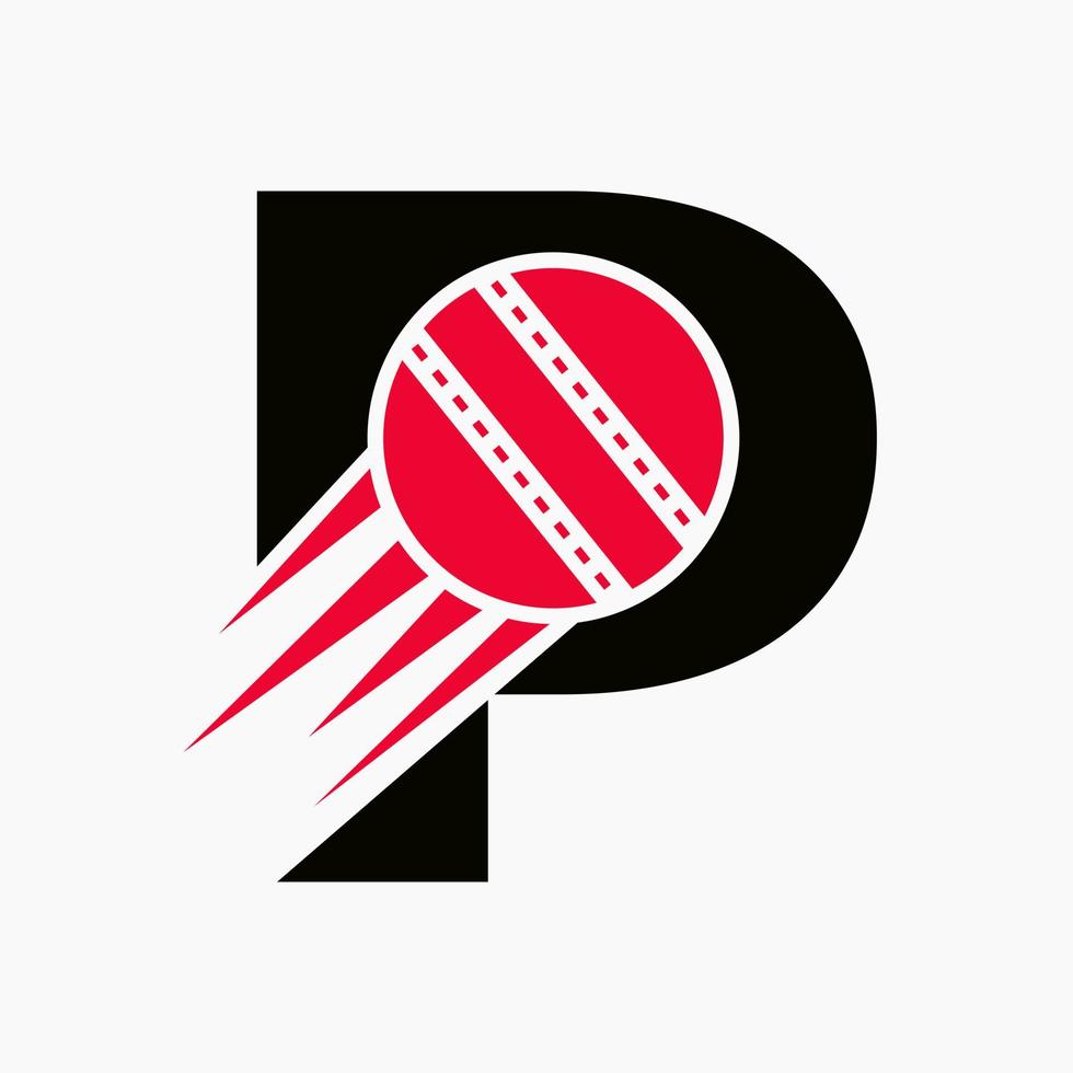 concepto de logotipo de cricket de letra p con icono de bola de cricket en movimiento. plantilla de vector de símbolo de logotipo de deportes de cricket