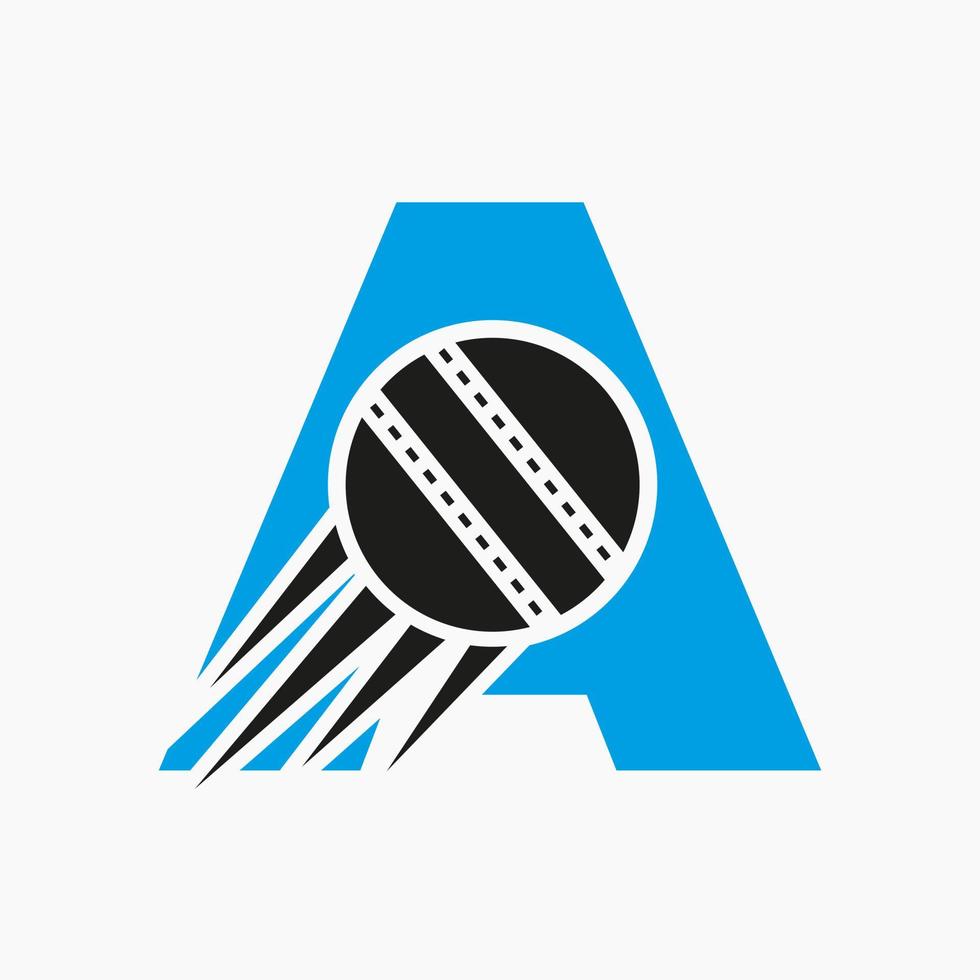 letra un concepto de logotipo de cricket con icono de bola de cricket en movimiento. plantilla de vector de símbolo de logotipo de deportes de cricket