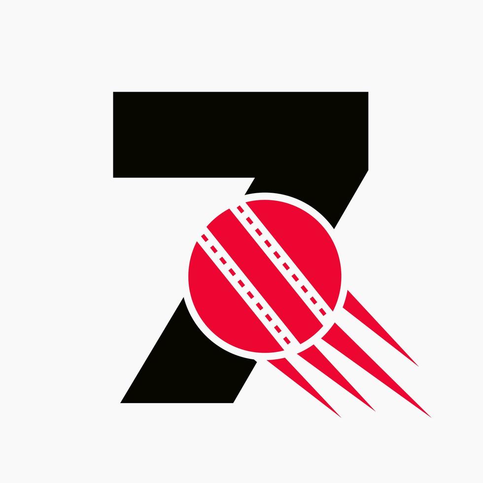 concepto de logotipo de cricket de la letra 7 con icono de bola de cricket en movimiento. plantilla de vector de símbolo de logotipo de deportes de cricket