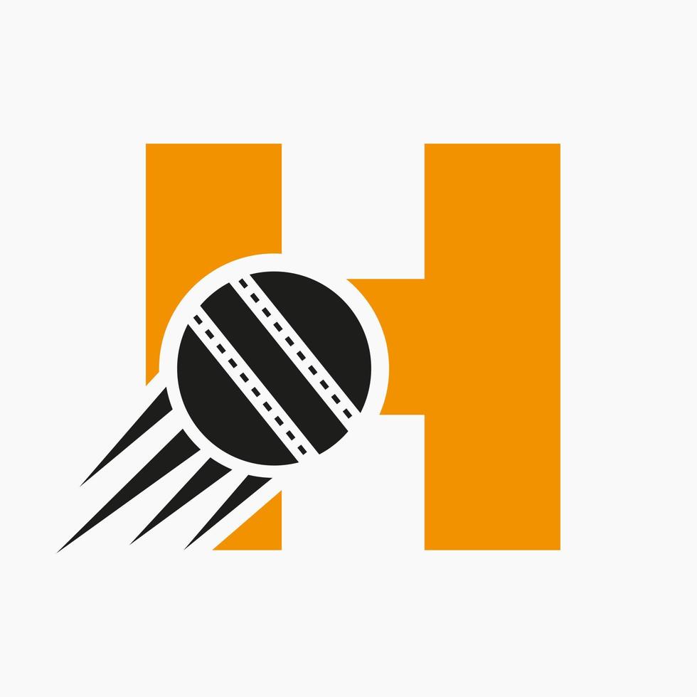 letra h concepto de logotipo de cricket con icono de bola de cricket en movimiento. plantilla de vector de símbolo de logotipo de deportes de cricket