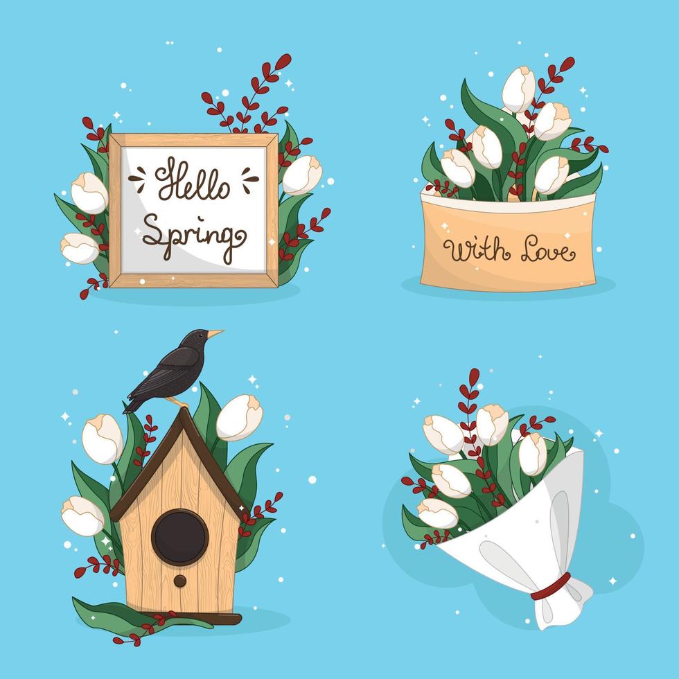 set with spring flowers, spring set,Hello spring, bouquet of spring flowers, card with a bouquet of flowers vector