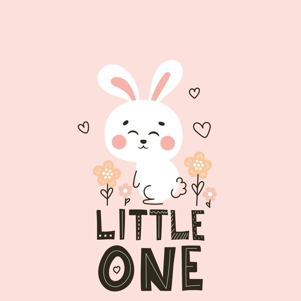Cute rabbit themed greeting card with bunny character and flowers with lettering little one vector