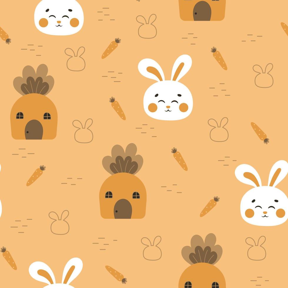 Cute rabbit themed seamless pattern with bunny character and carrot house on orange background vector