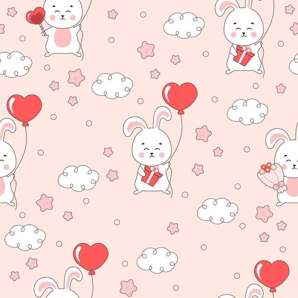 Cute Valentine day themed pattern with bunny characters and balloons, clouds and stars vector