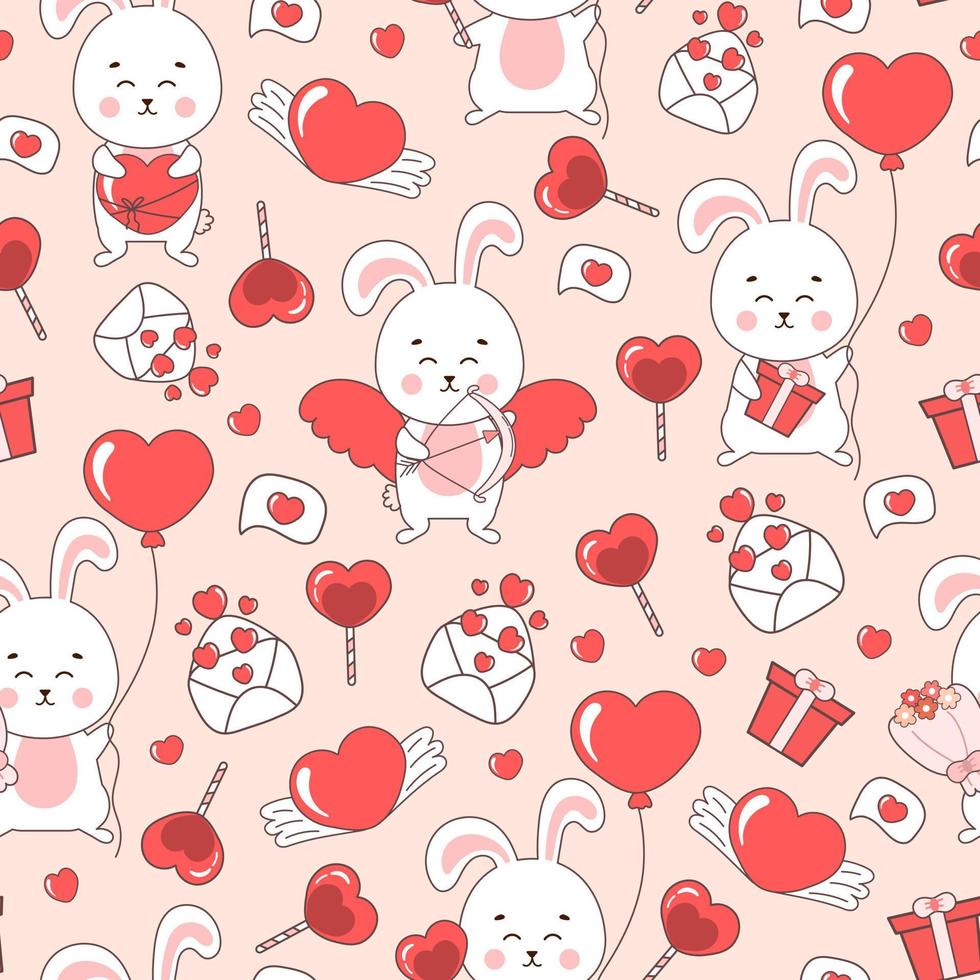 Cute Valentine day themed pattern with bunny characters and love letters, candies and flowers vector