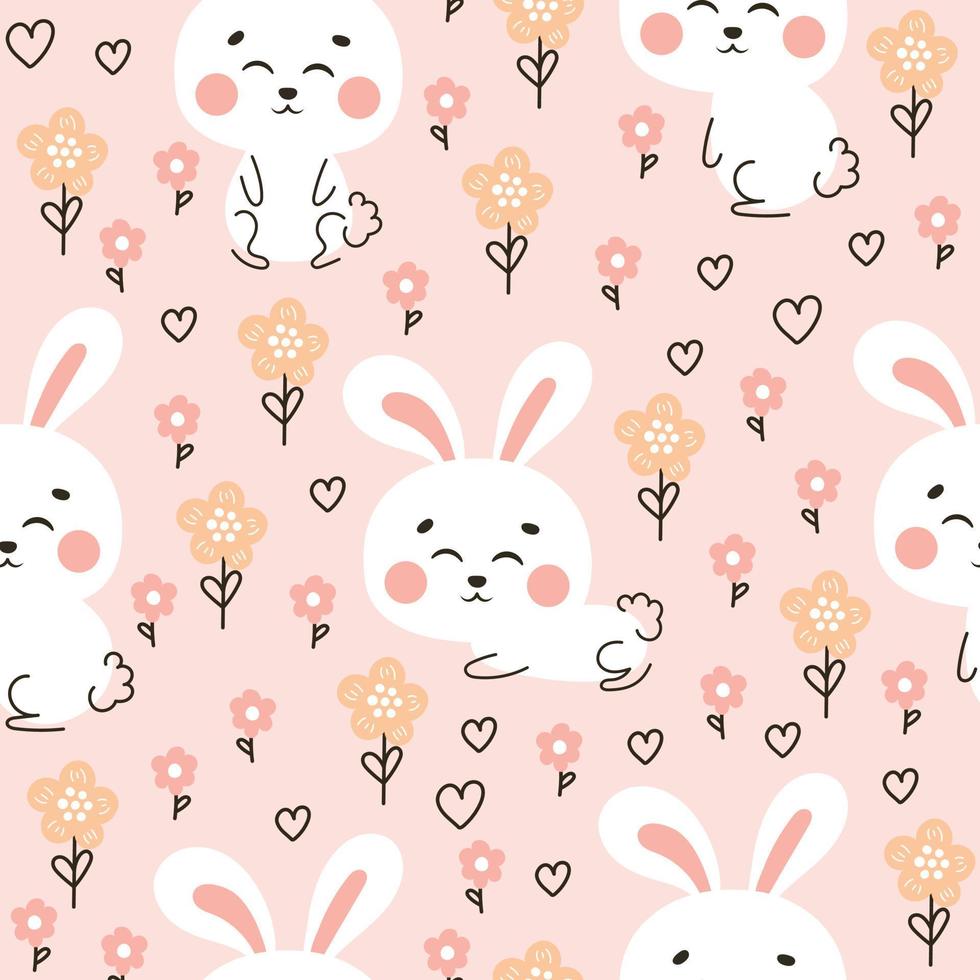 Cute rabbit themed seamless pattern with bunny character and flowers on pink background vector