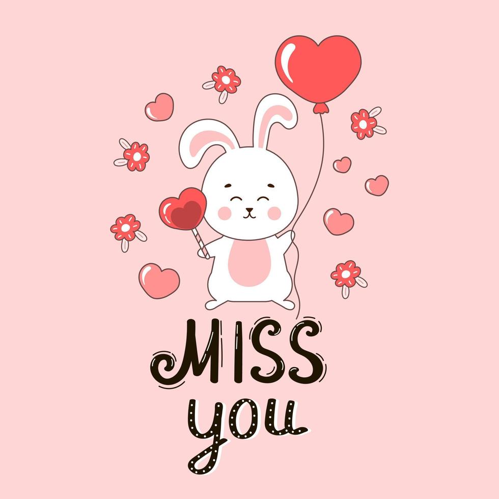 Miss you greeting card with cute bunny character and flowers and hearts around in doodle style vector