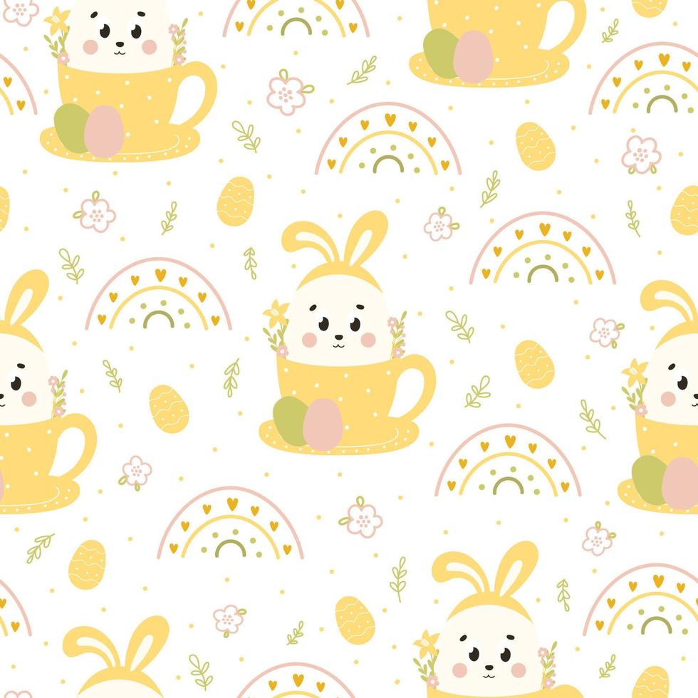 Cute Easter seamless pattern with bunny in cup with flowers, rainbows and eggs on white background vector