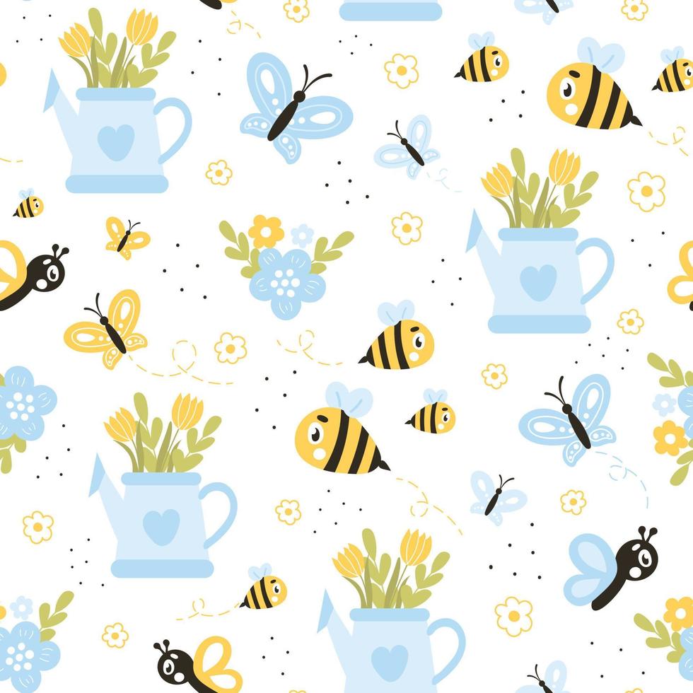 Cute springtime seamless pattern with bee and flowers in watering pot on white background vector