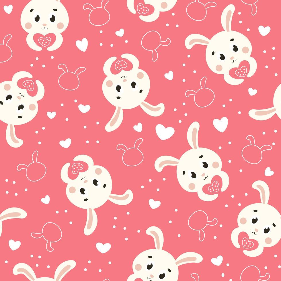 Cute Valentine themed seamless pattern with bunny character and hearts on pink background vector