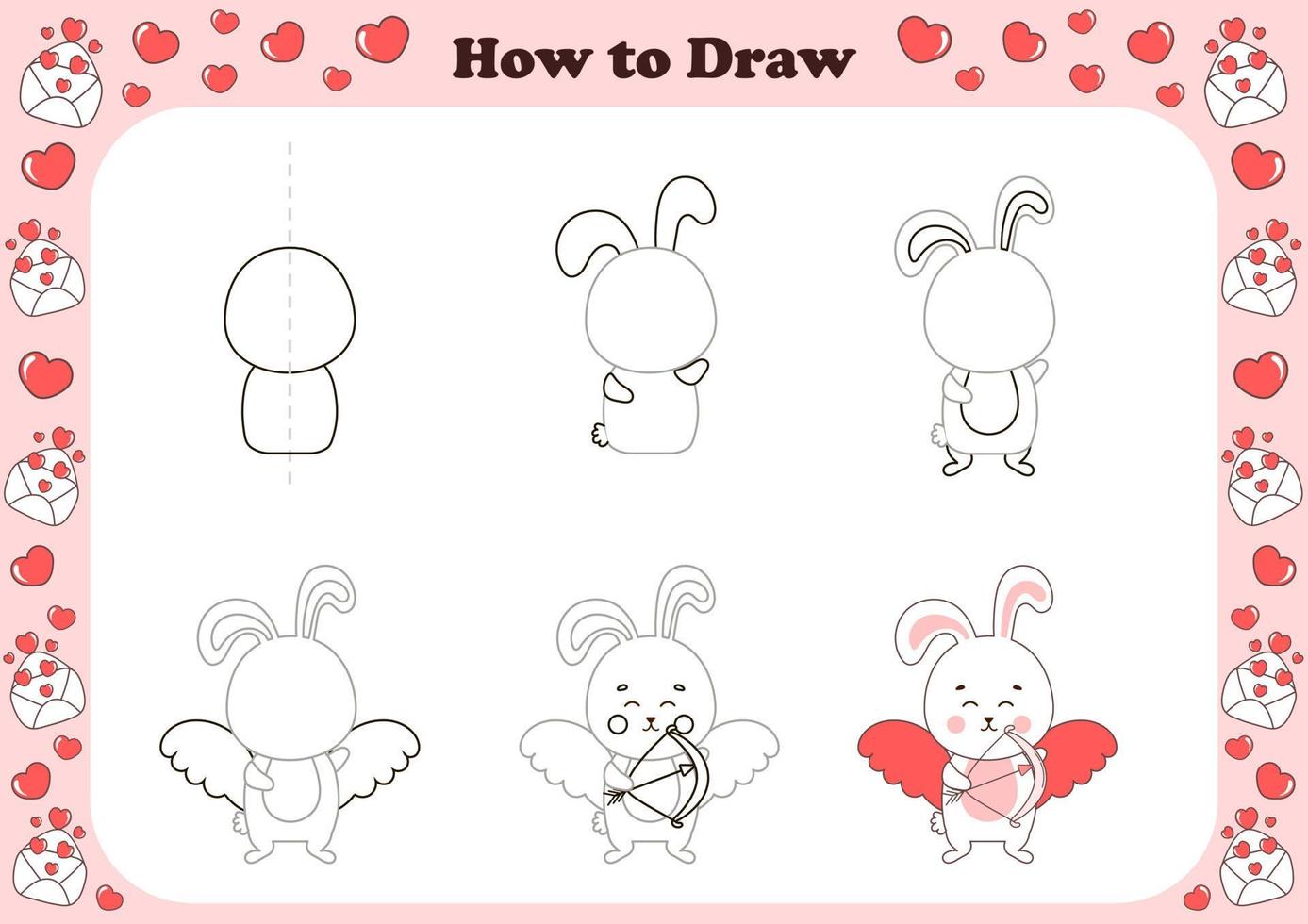 Cute how to draw game for kids with valentine day theamed character - bunny with wings, arrows and bow, little cupid vector