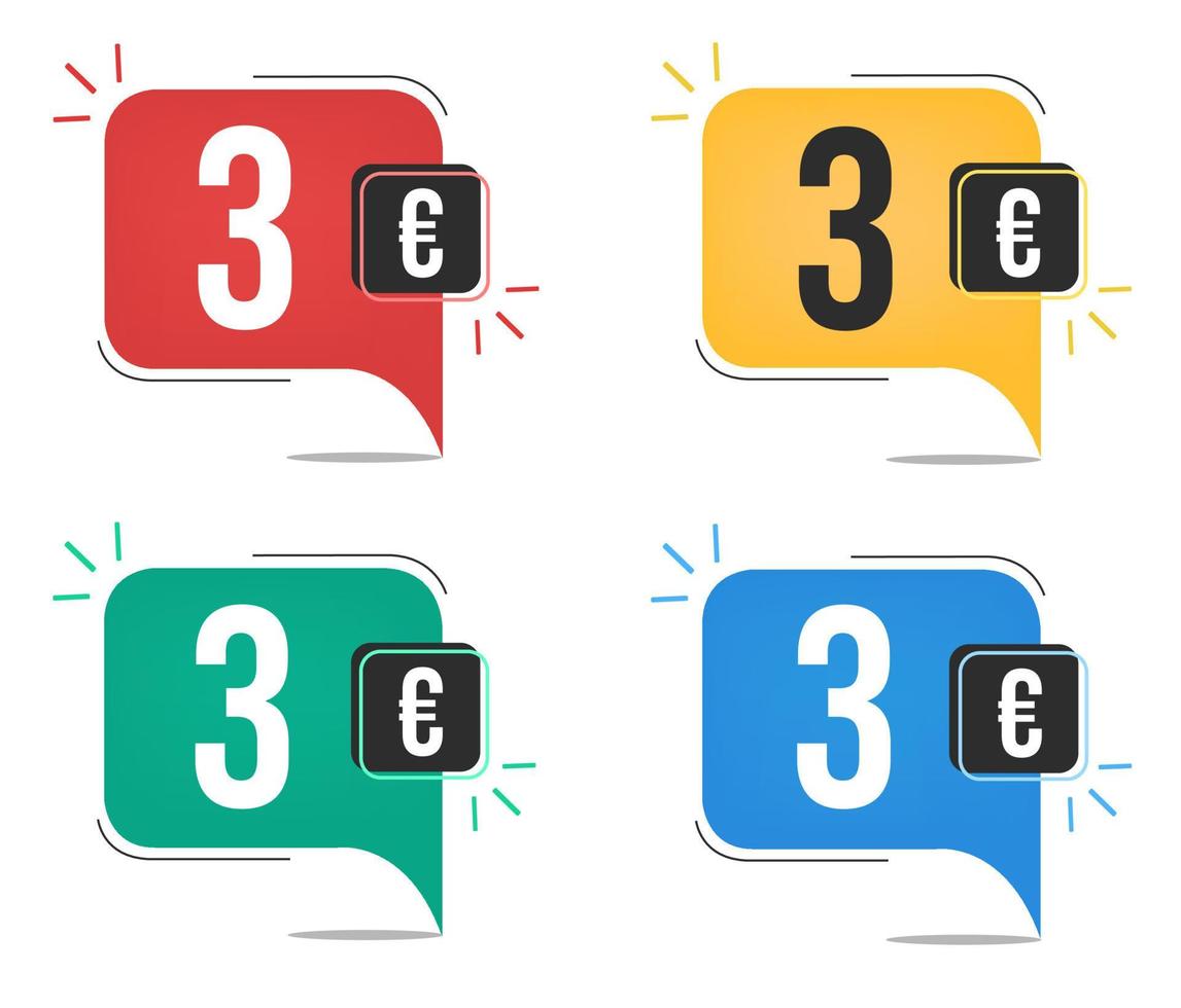 3 euro price. Yellow, red, blue and green currency tags. Balloon concept with three euros sales tag. vector