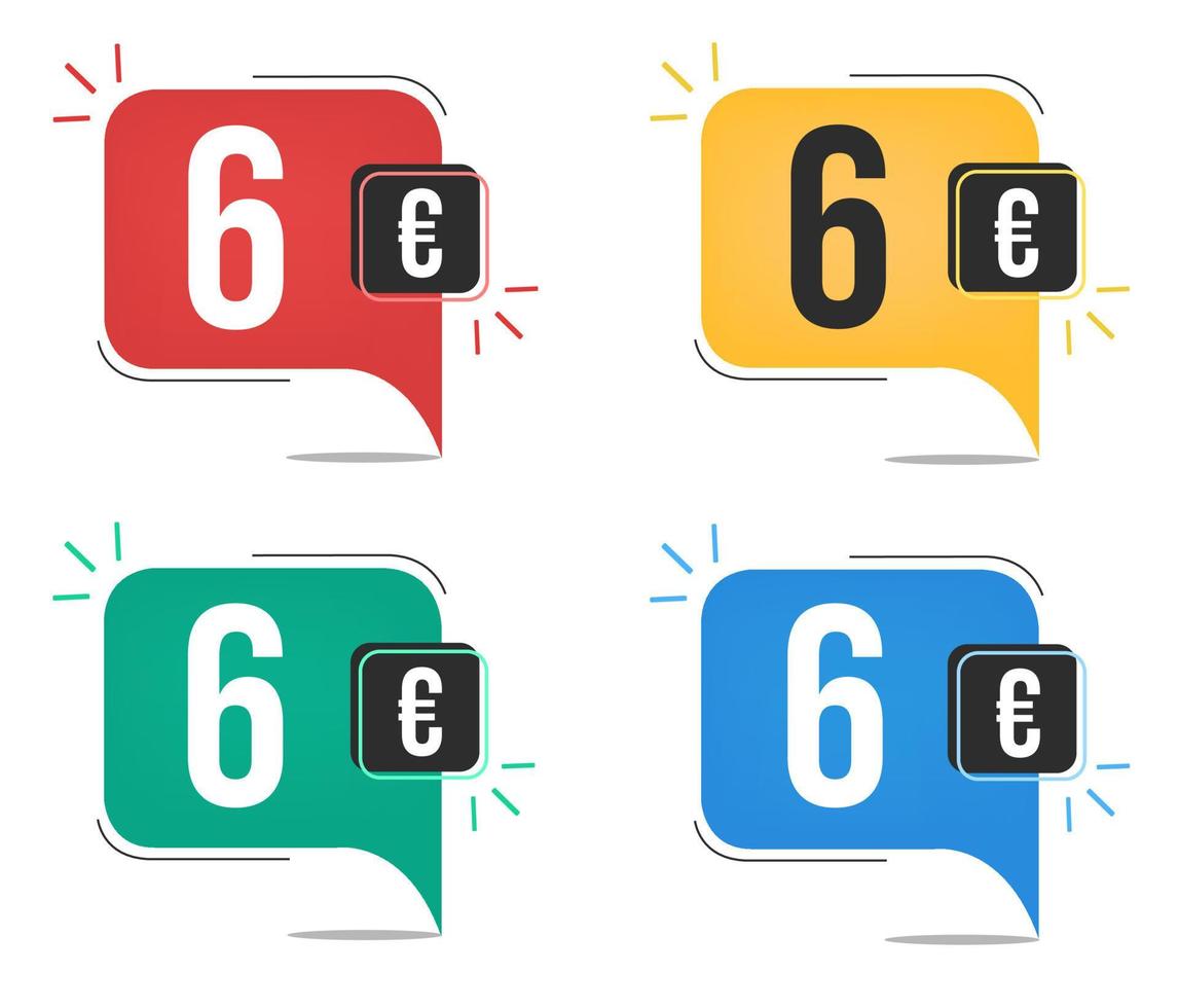 Precio 6 euros. etiquetas de moneda amarillas, rojas, azules y verdes. concepto de globo. vector