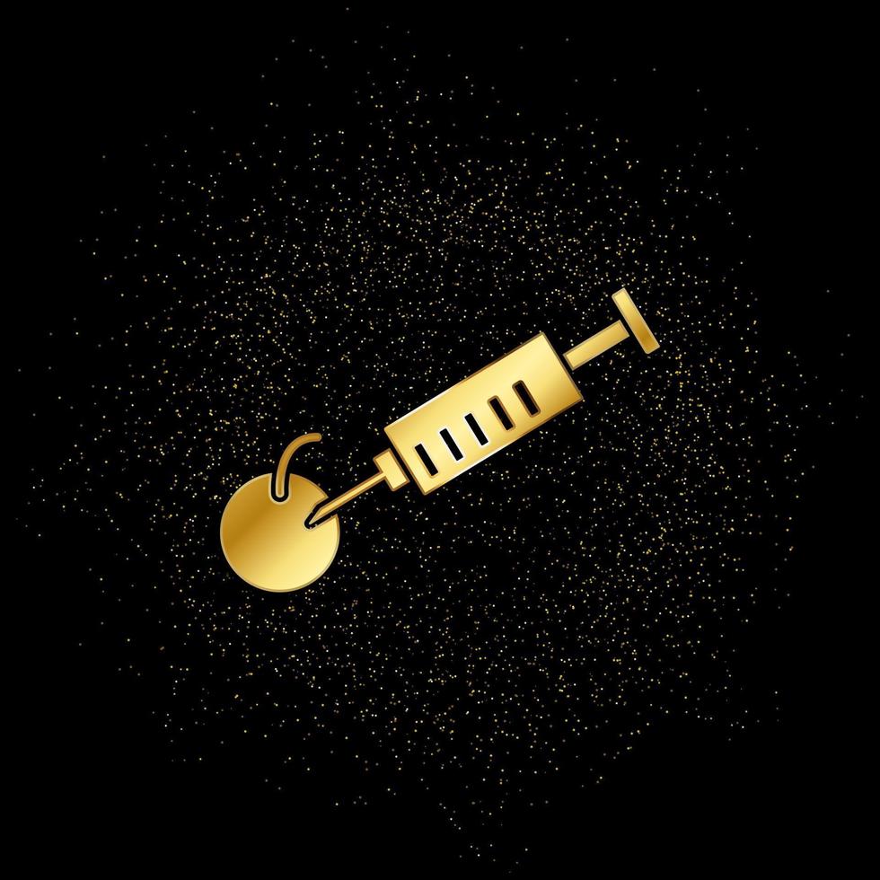 syringe, apple gold icon. Vector illustration of golden particle background. Gold vector icon