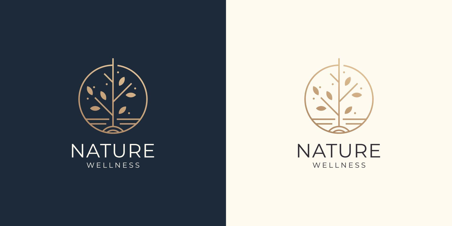 minimalist tree logo icon line style. circular tree concept with gold color. tree logo inspiration. vector