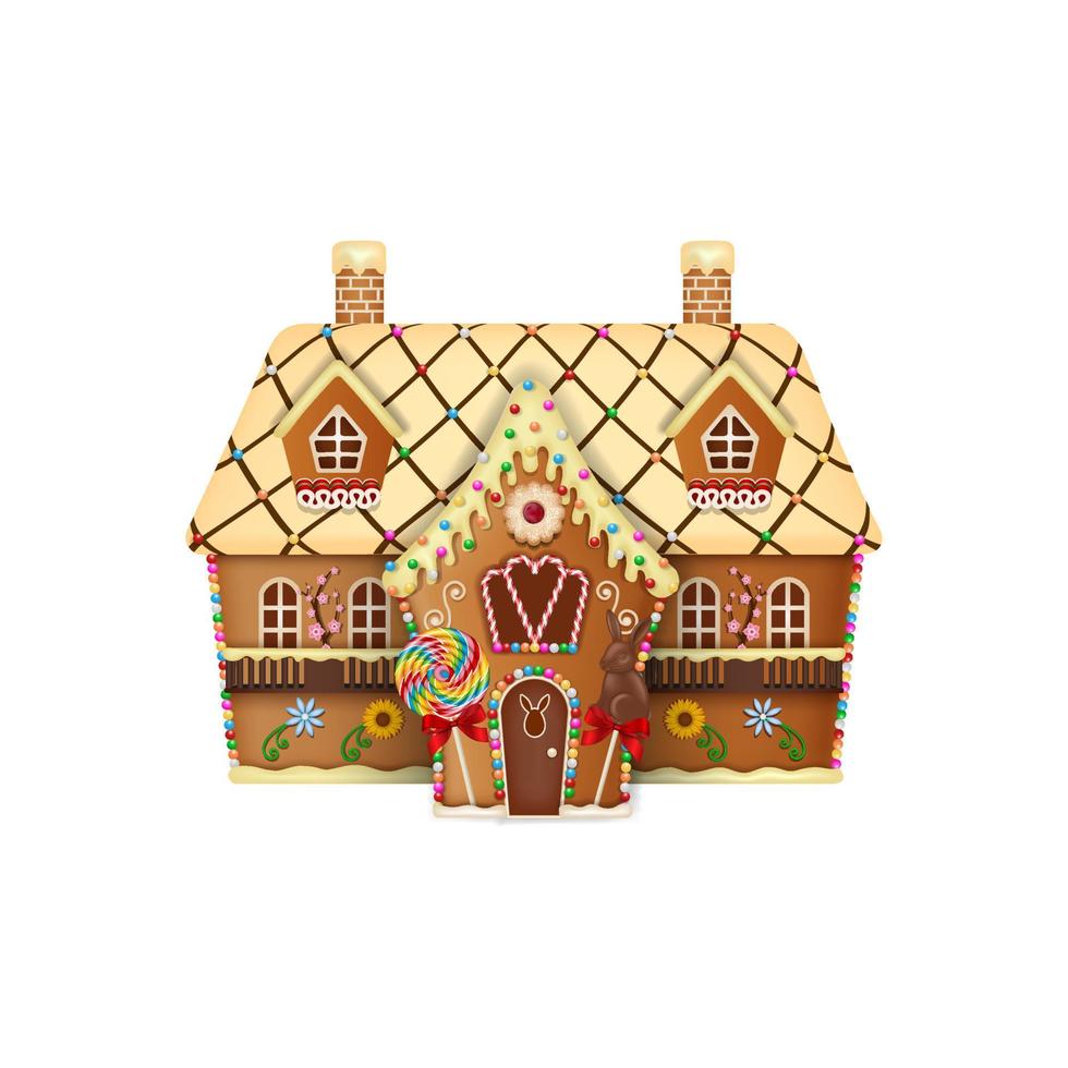 easter gingerbread house with cookies and candies. gingerbread easter cottage with sweets and lollipops vector