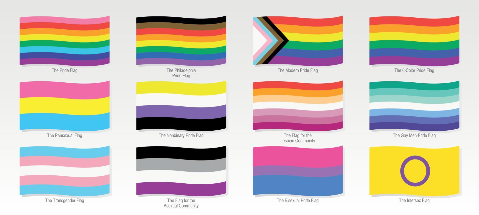 Waving flags LGBTIQ and of different sexual orientations on white background. Vector image