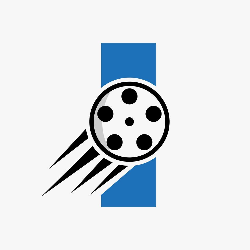 letra i concepto de logotipo de película con carrete de película para señal de medios, plantilla de vector de símbolo de director de película