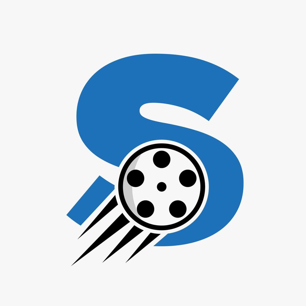 concepto de logotipo de película con letra s con carrete de película para señal de medios, plantilla de vector de símbolo de director de película