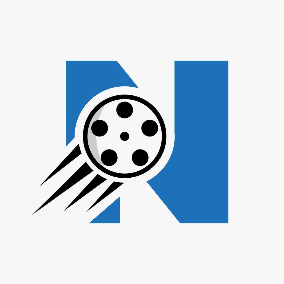 concepto de logotipo de película con letra n con carrete de película para señal de medios, plantilla de vector de símbolo de director de película