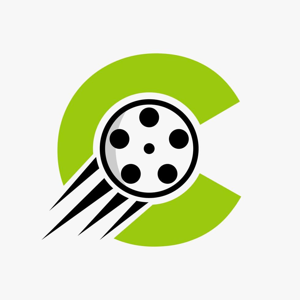 concepto de logotipo de película de letra c con carrete de película para señal de medios, plantilla de vector de símbolo de director de película