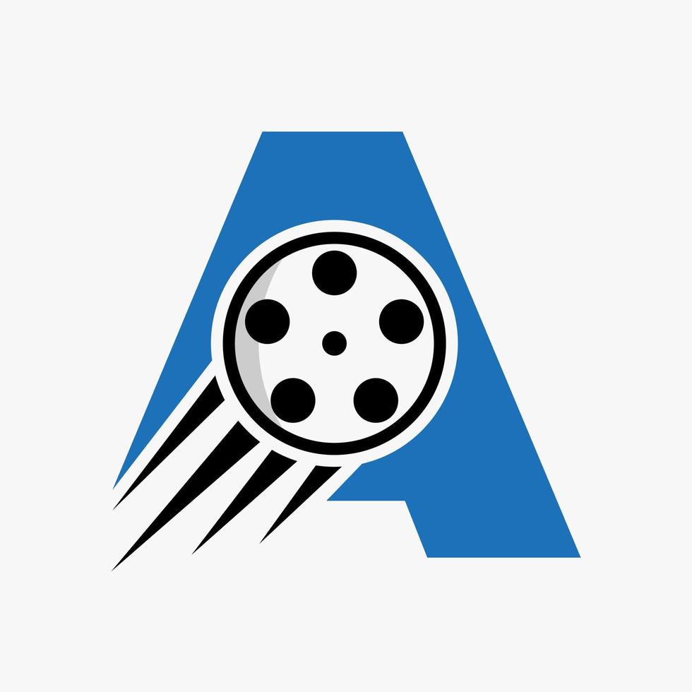 letra un concepto de logotipo de película con rollo de película para señal de medios, plantilla de vector de símbolo de director de película