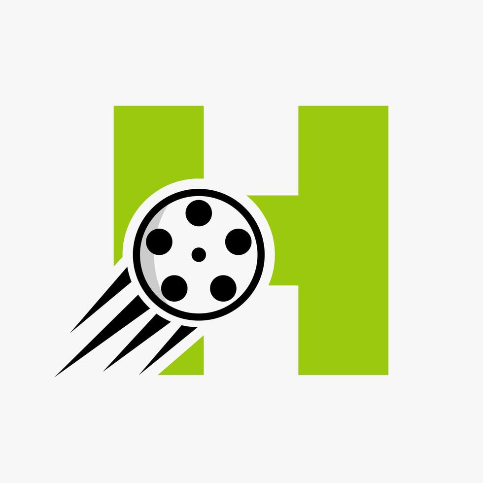 letra h concepto de logotipo de película con carrete de película para señal de medios, plantilla de vector de símbolo de director de película