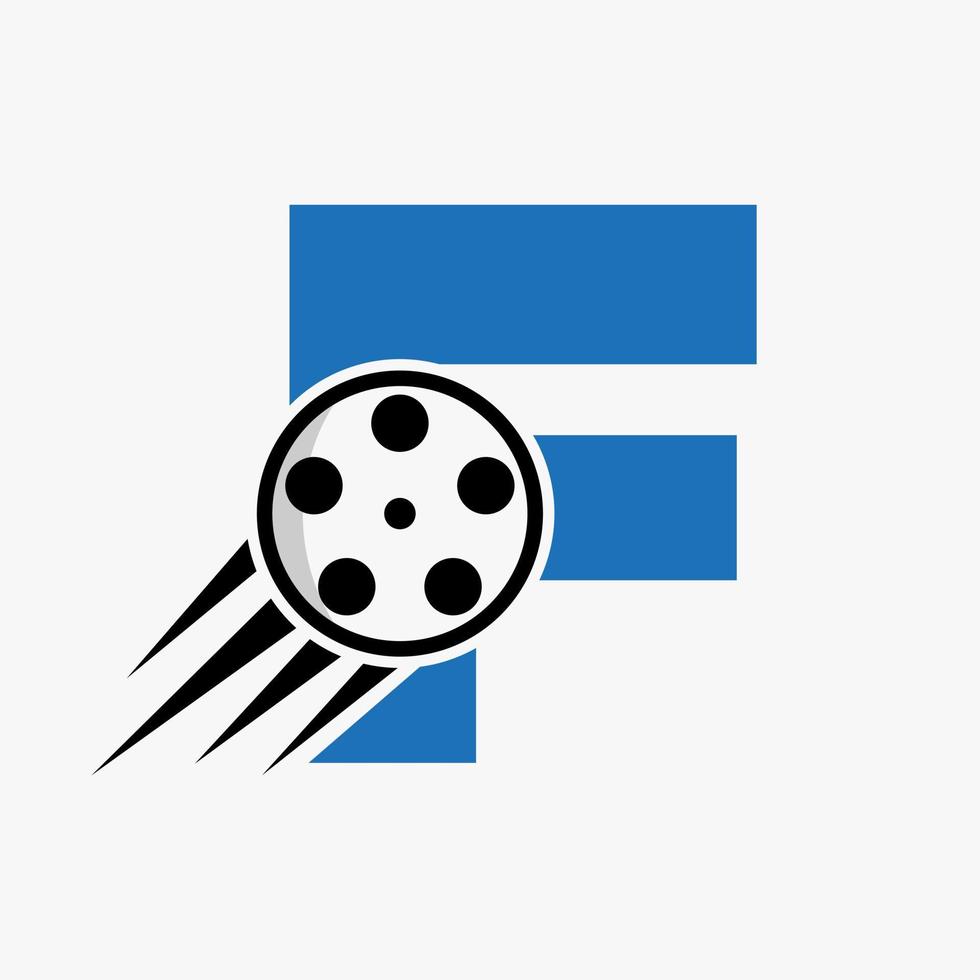 concepto de logotipo de película con letra f con carrete de película para señal de medios, plantilla de vector de símbolo de director de película