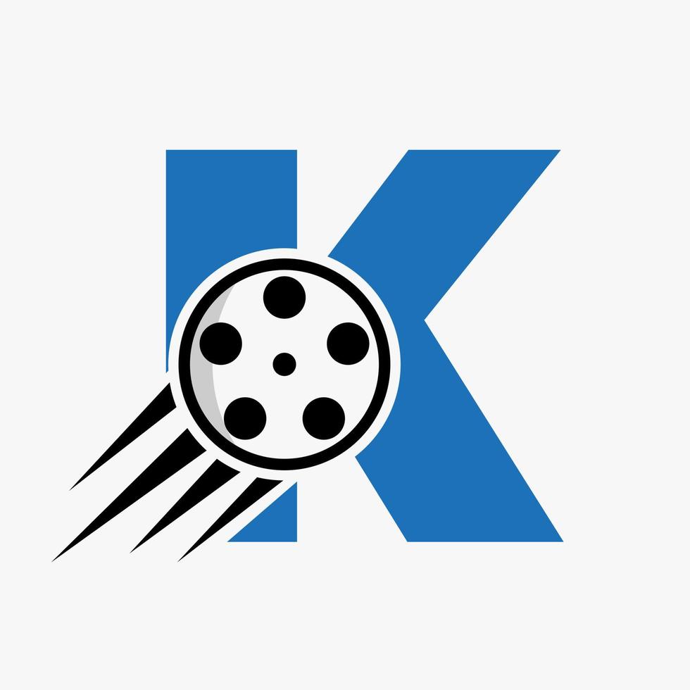 concepto de logotipo de película de letra k con carrete de película para señal de medios, plantilla de vector de símbolo de director de película