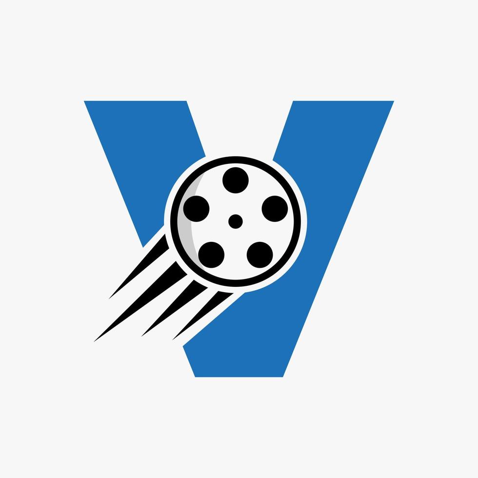 concepto de logotipo de película de letra v con carrete de película para señal de medios, plantilla de vector de símbolo de director de película