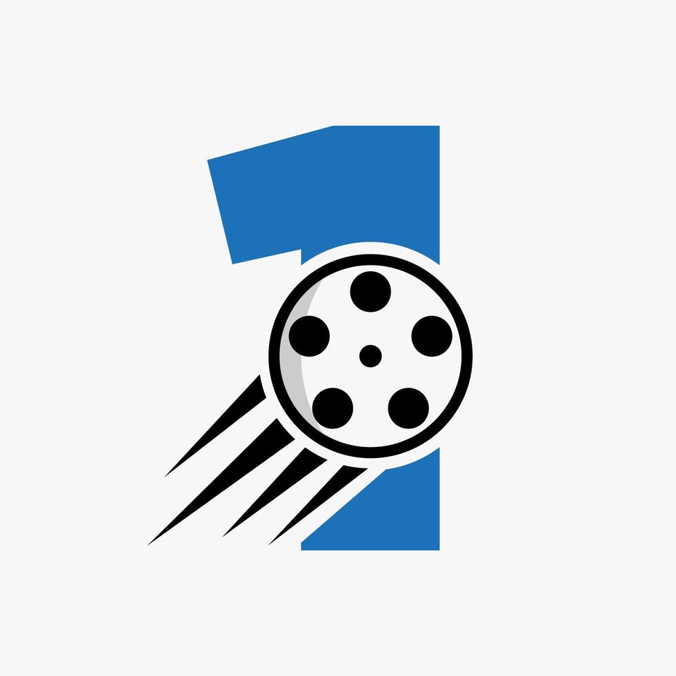 letra 1 concepto de logotipo de película con carrete de película para señal de medios, plantilla de vector de símbolo de director de película