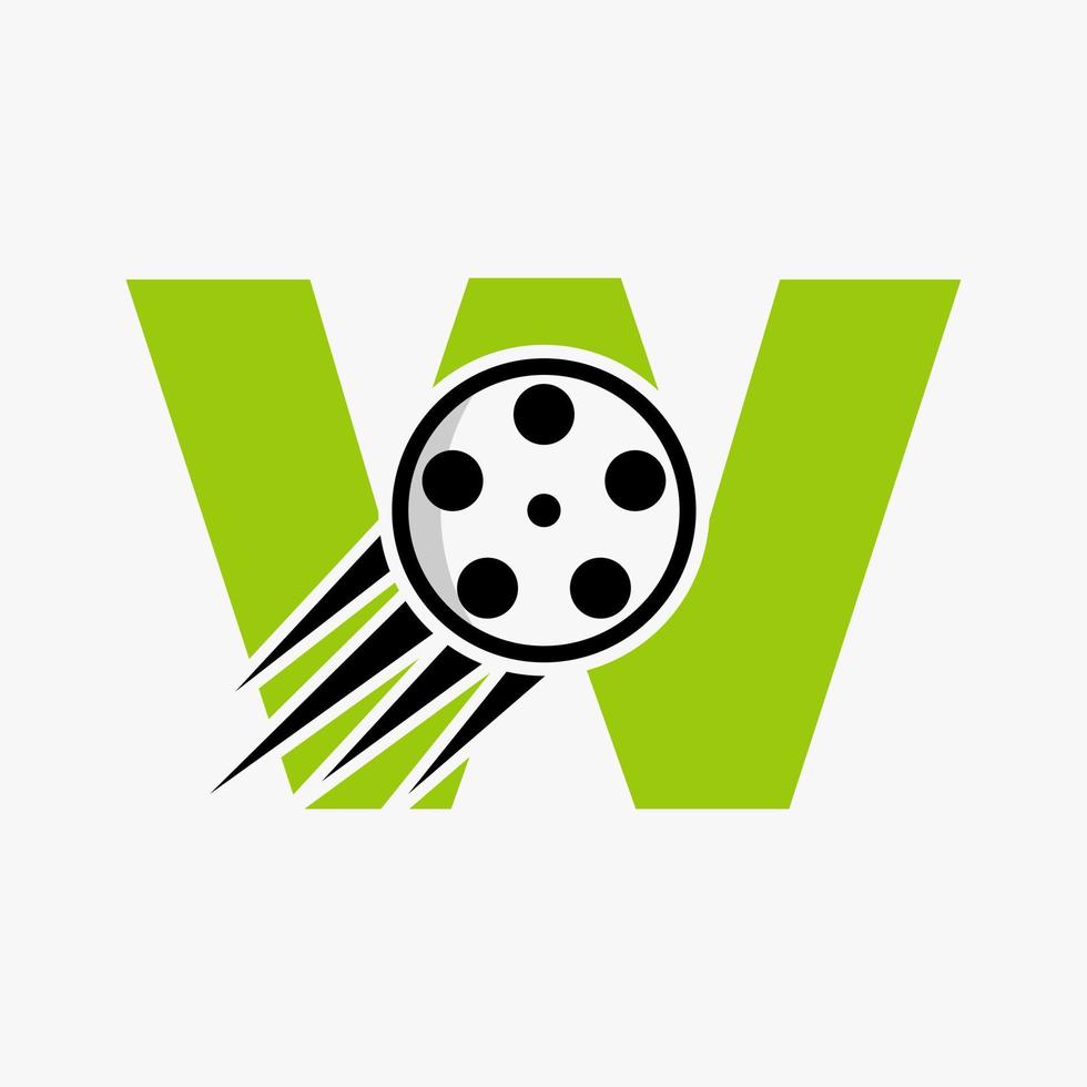 concepto de logotipo de película de letra w con carrete de película para señal de medios, plantilla de vector de símbolo de director de película