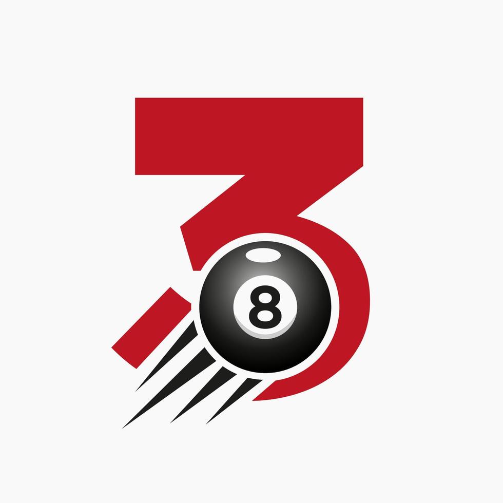 letra 3 billar o diseño de logotipo de piscina para sala de billar o plantilla de vector de símbolo de club de piscina de 8 bolas