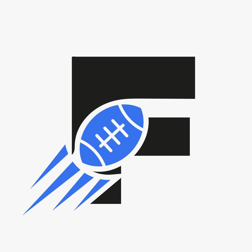 Letter F Rugby Logo Concept With Moving Rugby Ball Icon. Rugby Sports Logotype Symbol Vector Template