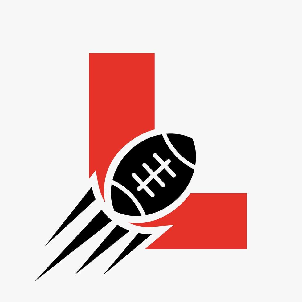 letra l concepto de logotipo de rugby con icono de pelota de rugby en movimiento. plantilla de vector de símbolo de logotipo de deportes de rugby