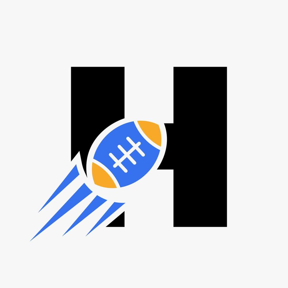 letra h concepto de logotipo de rugby con icono de pelota de rugby en movimiento. plantilla de vector de símbolo de logotipo de deportes de rugby