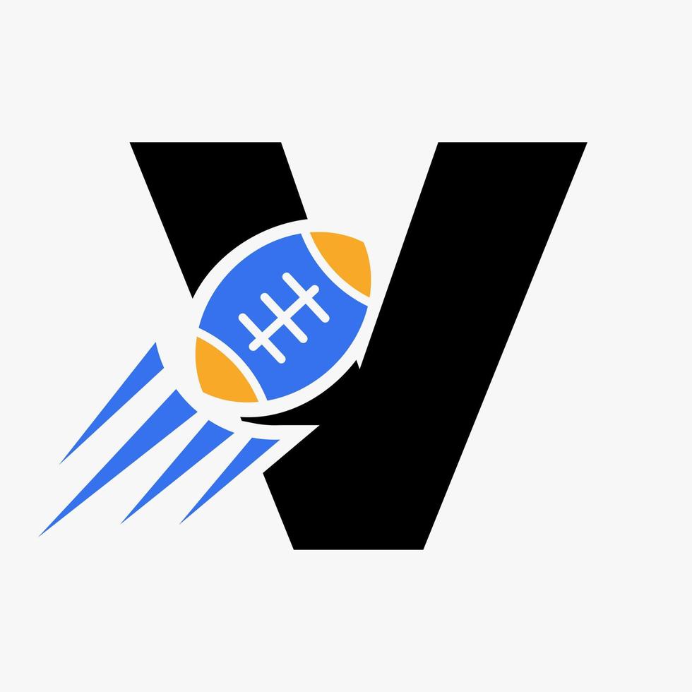 concepto de logotipo de rugby letra v con icono de pelota de rugby en movimiento. plantilla de vector de símbolo de logotipo de deportes de rugby