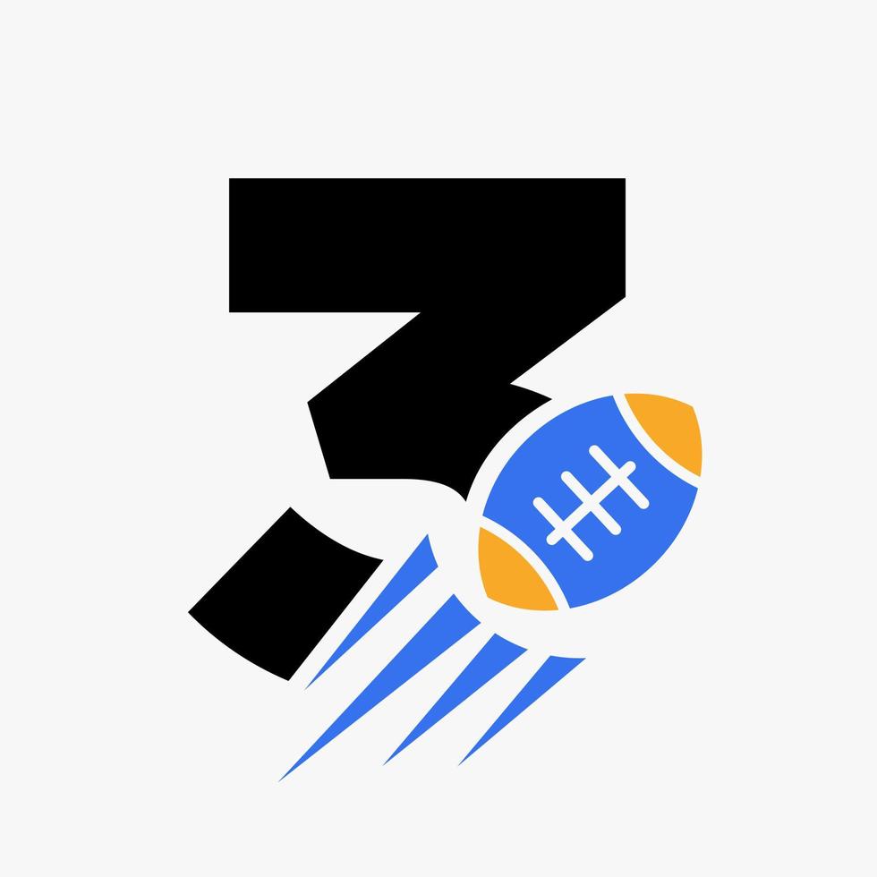 concepto de logotipo de rugby de letra 3 con icono de pelota de rugby en movimiento. plantilla de vector de símbolo de logotipo de deportes de rugby