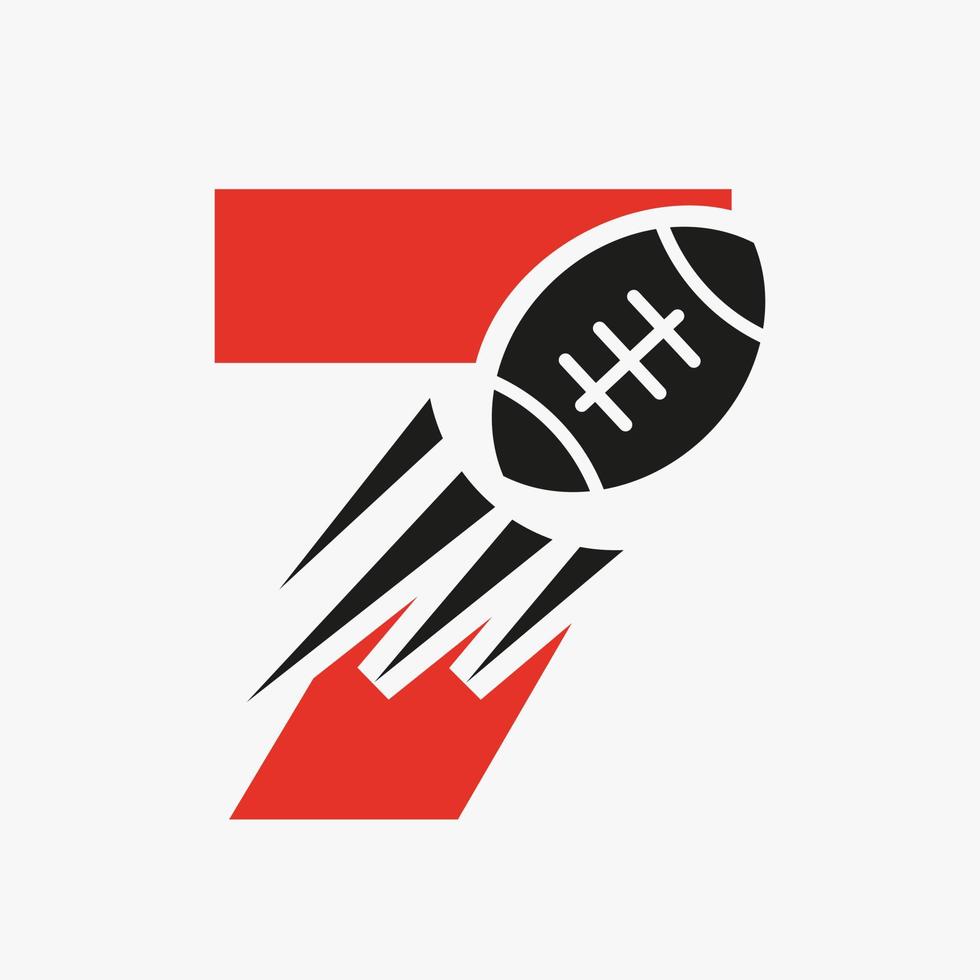 concepto de logotipo de rugby con letra 7 con icono de pelota de rugby en movimiento. plantilla de vector de símbolo de logotipo de deportes de rugby