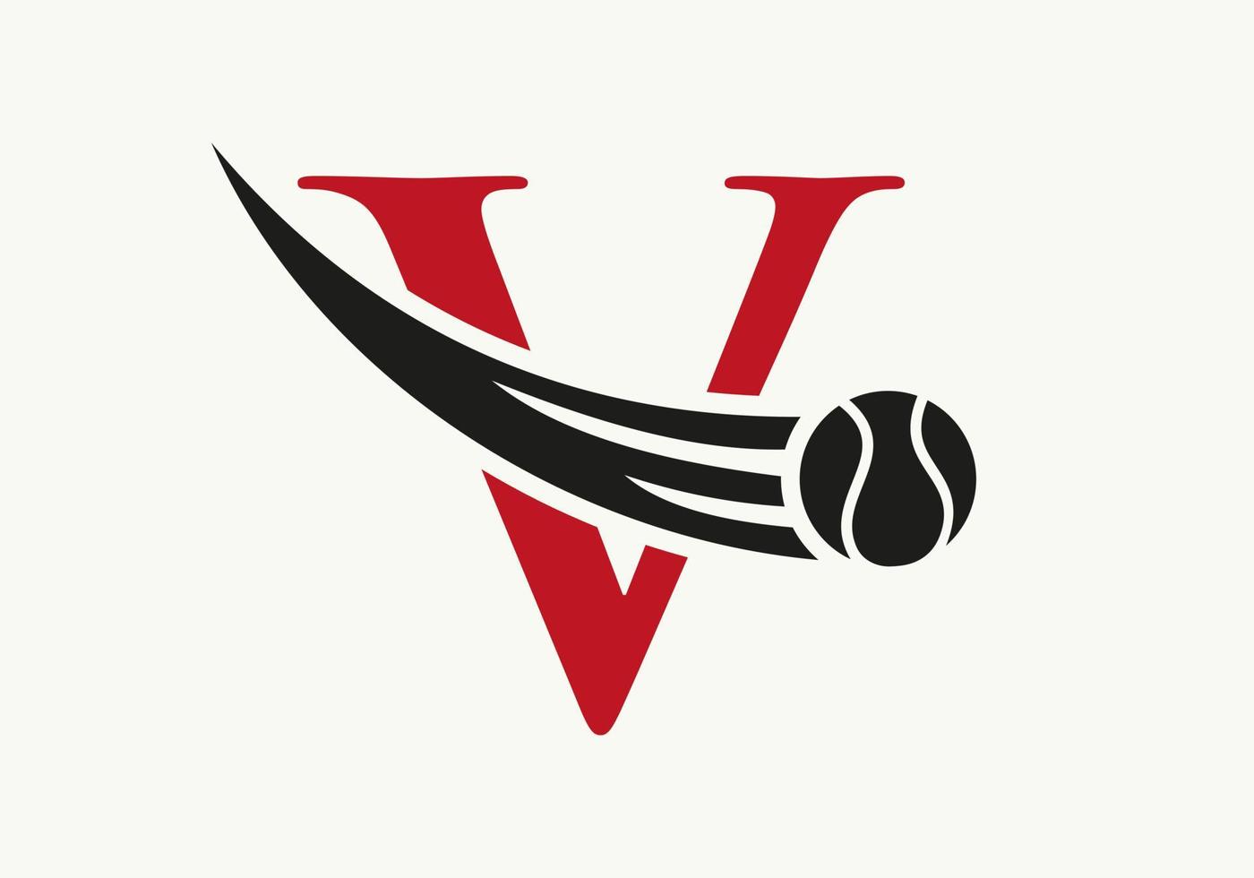 Letter V Tennis Logo Concept With Moving Tennis Ball Icon. Tennis Sports Logotype Symbol Vector Template