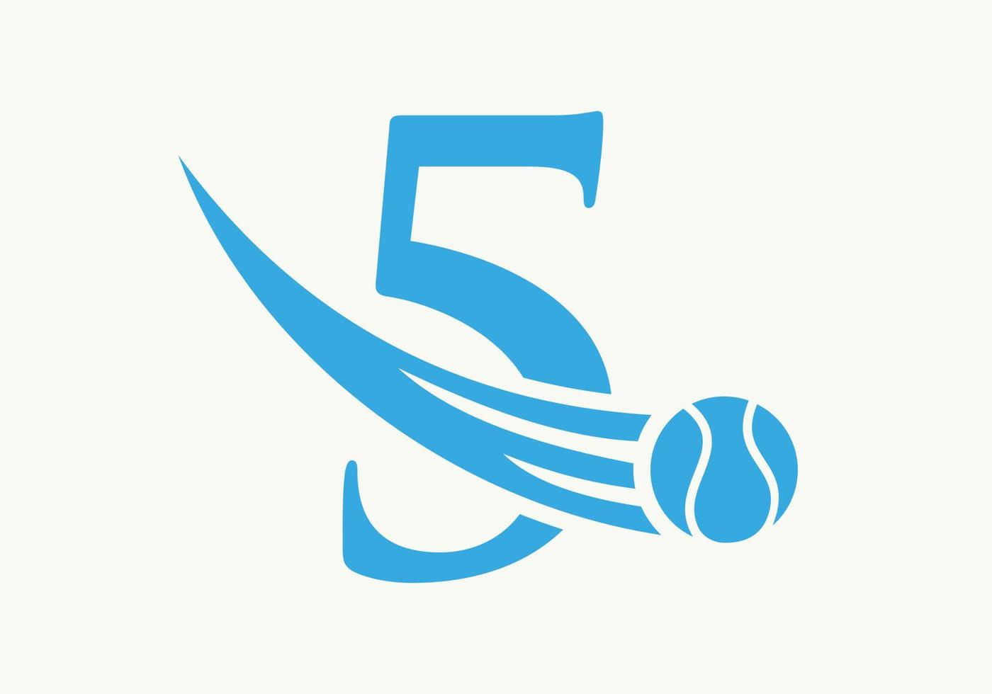 concepto de logotipo de tenis con letra 5 con icono de pelota de tenis en movimiento. tenis deportes logotipo símbolo vector plantilla