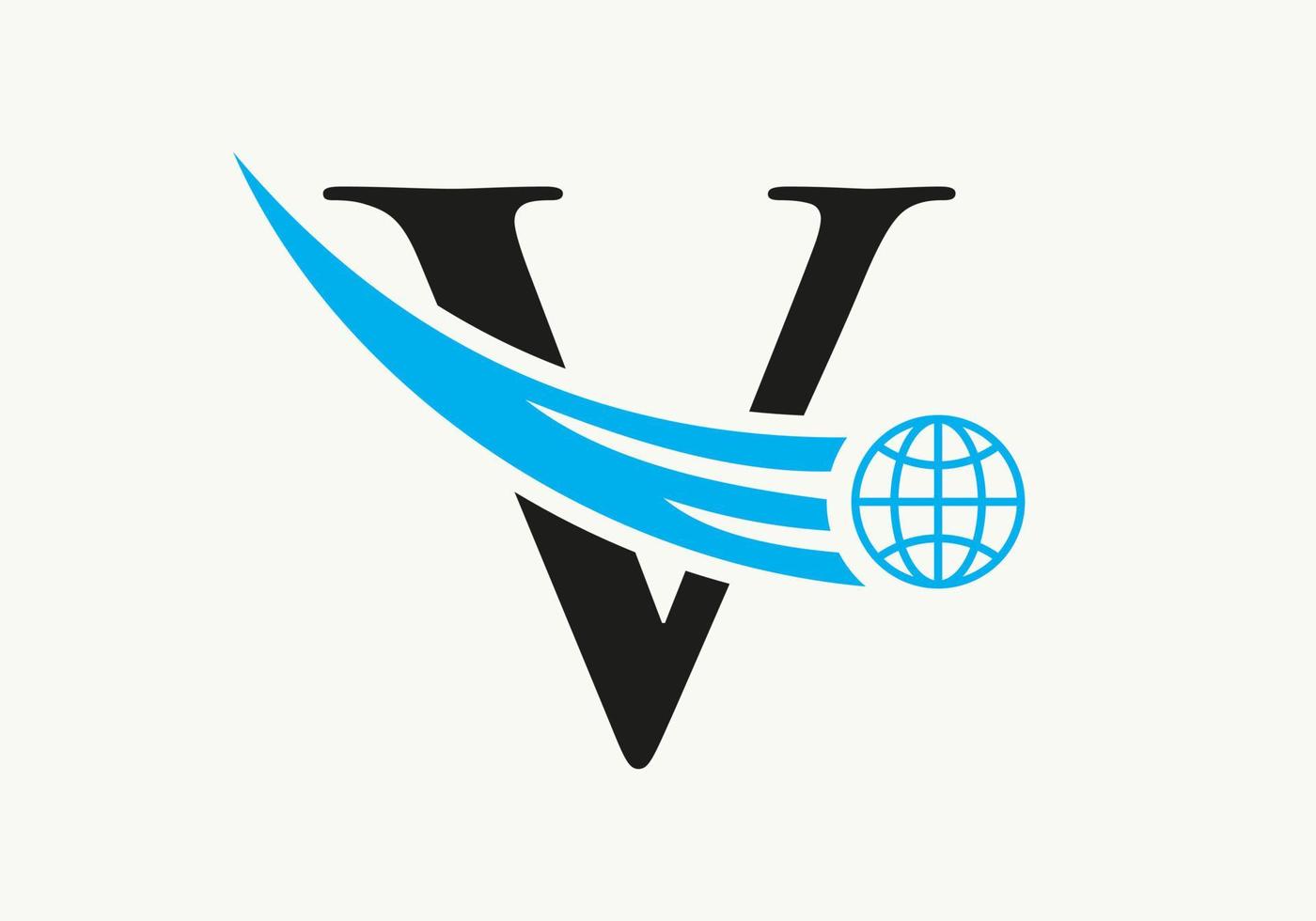 concepto de logotipo mundial de letra v con plantilla de vector de icono global en movimiento