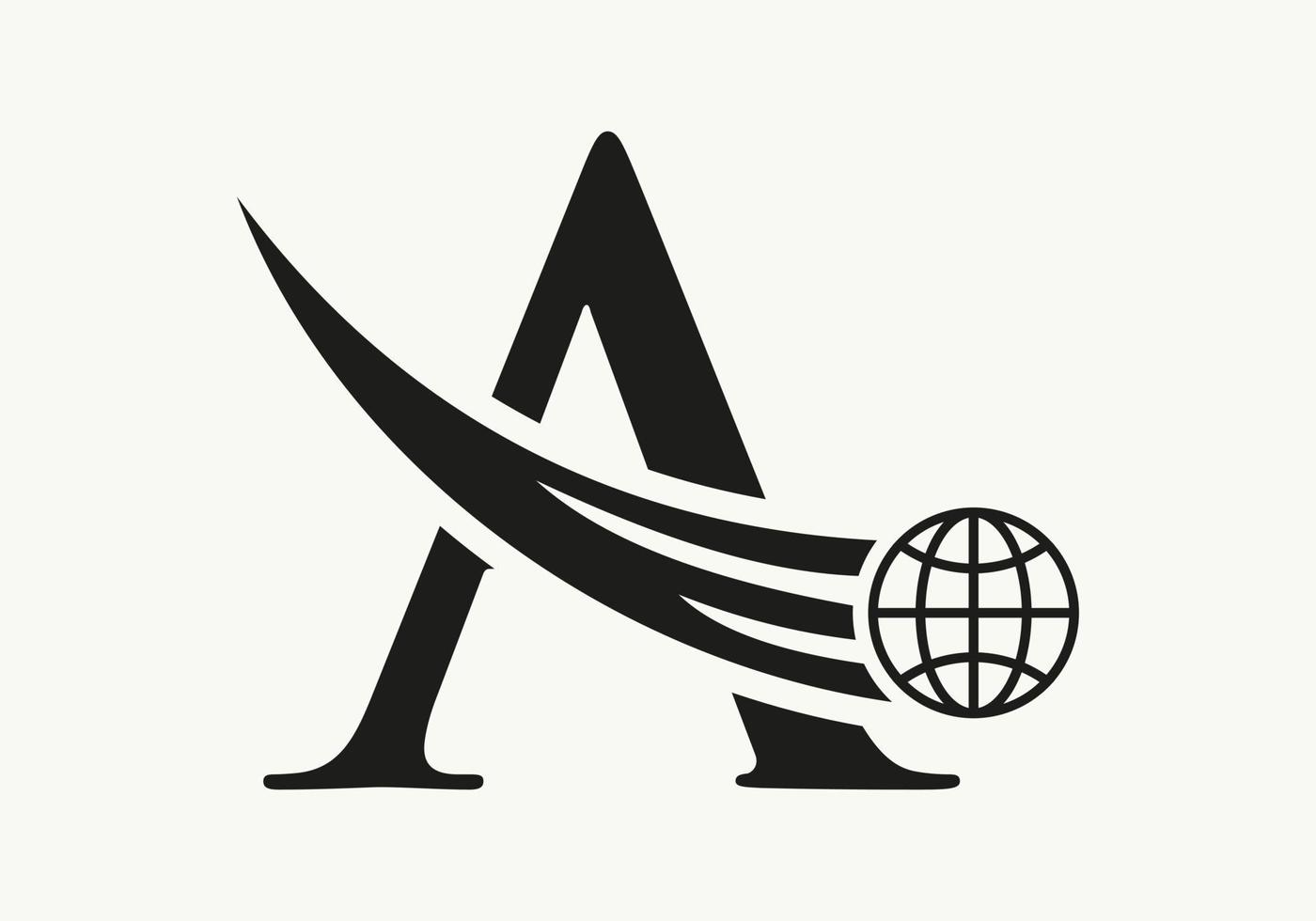 Letter A World Logo Concept With Moving Global Icon Vector Template