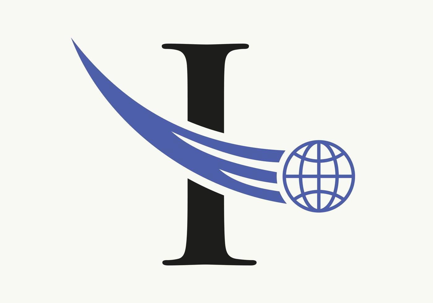 concepto de logotipo mundial de letra i con plantilla de vector de icono global en movimiento