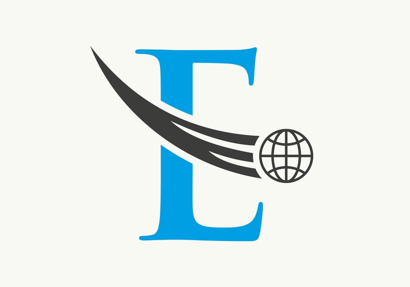 Letter E World Logo Concept With Moving Global Icon Vector Template