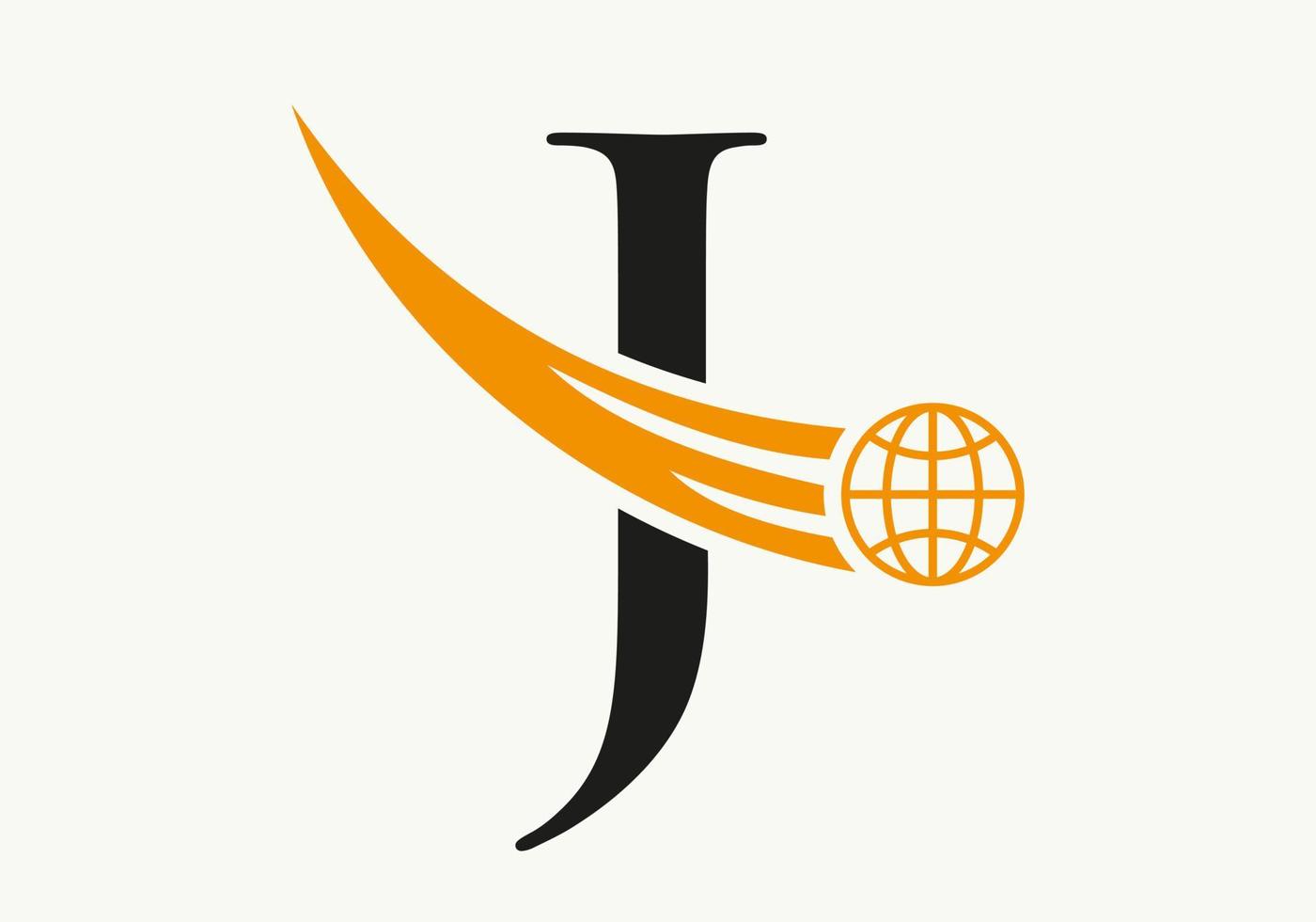 concepto de logotipo mundial de letra j con plantilla de vector de icono global en movimiento